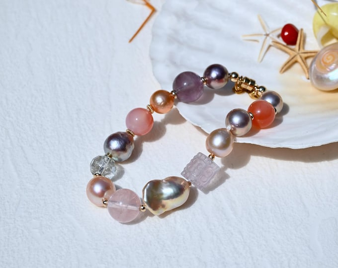 Freshwater Pearl & Gemstone Bracelet: Gold Filled Clasp, Pastel Pink