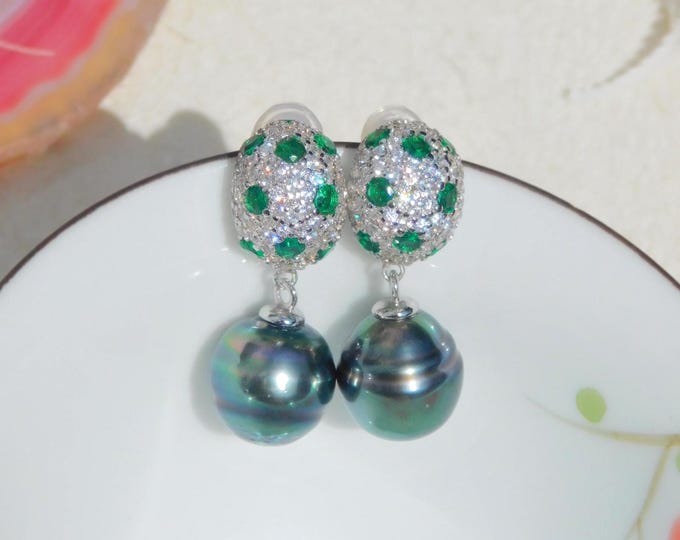 Vivid Gem Green Tahitian Pearl Earrings | AAA | 10mm | White Gold Plated | Sterling Silver | Green CZ | South Sea Pearl Earrings | Drop