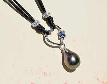 13.4mm Tahitian Pearl Leather Necklace: Black Lambskin Leather Heart Charm, Sterling Silver, 18 Inch