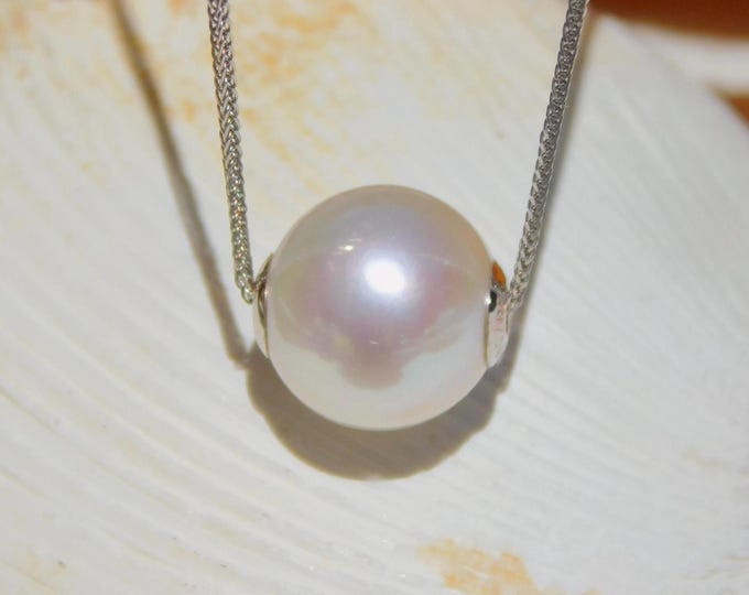 10.3mm White Floating Pearl Necklace | AAA+ | Dainty | Solid 18k White Gold Pin-end Chain | Freshwater Pearl | Round | Adjustable | Chain