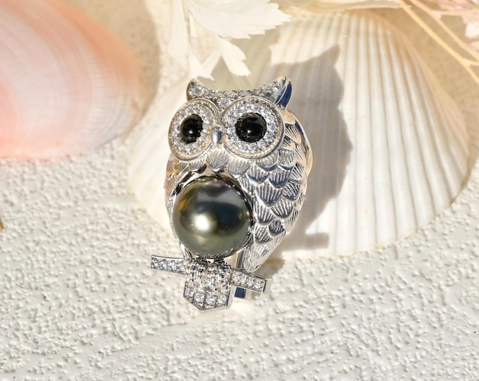 Tahitian Pearl Owl Brooch: White Gold plated Silver, 9.5mm, S925, AAA, Animal Brooch
