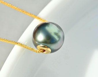 Floating Tahitian Pearl Necklace: 10mm, Gray Aubergine, Solid 18K Gold Pin-End Chain, AAA Luster