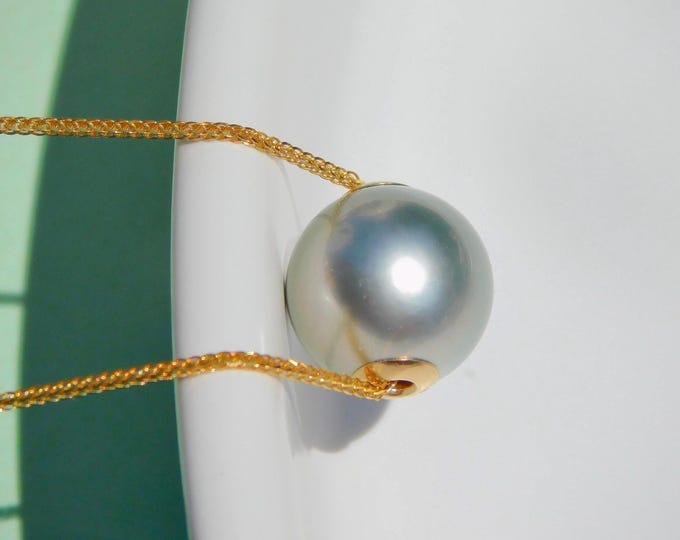 Floating Tahitian Pearl Necklace | 10.6mm | Pastel Gray Green | Dainty | Adjustable Solid 18K Gold Pin-end Chain | AAA | Pastel Tahitian