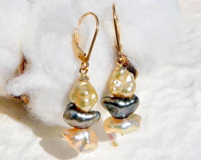 South Sea Keshi Pearl Drop Earrings: Solid 18K Gold Lever Back, Multicolor Baroque Pearl Dangle Earrings