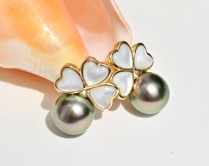 Tahitian Pearl Earrings: Vermeil Mother-of-mother Clover,  9.7mm, Heart-shaped