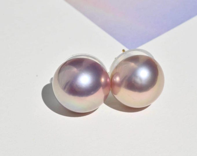 Soft Mismatched Freshwater Mabe Pearl Studs: Solid 18K Gold, AAA+, 13mm, Pink