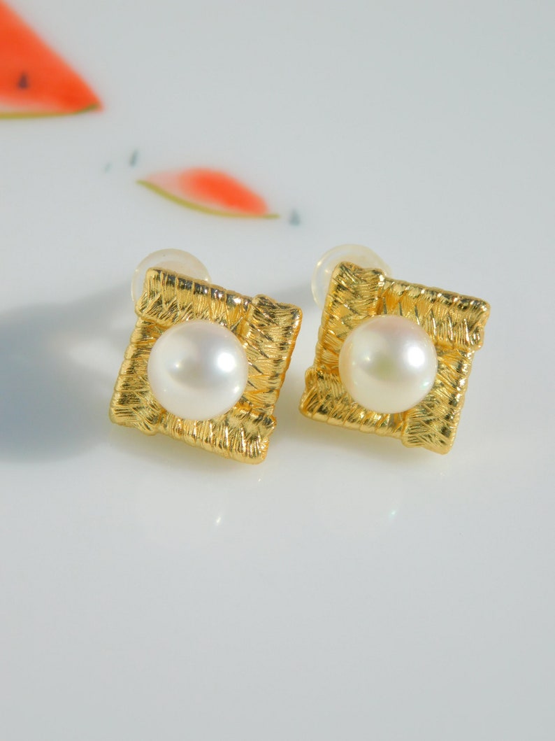 Vermeil Japanese Akoya Pearl Earrings Rhombus Earrings Saltwter Pearls AAA 7.2mm Beige Japanese Saltwater Pearls Modern Design image 2