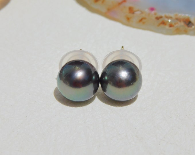 11.7mm Tahitian Pearl Studs | Deep Sage | Black Pearl Studs  | AAA | Round | Solid 18K Yellow Gold Studs |  Tahitian Pearl Studs | Green