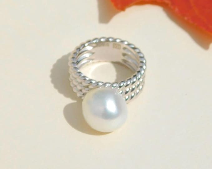 12.4mm Baroque White South Sea Pearl Ring | AAA | Size 6.75 US | Australian South Sea Pearl | Saltwater Pearl | White Gold Plated Silver
