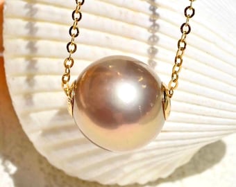 11.5mm Floating Freshwater Pearl Necklace: Metallic Soft Blush Champagne, Solid 18k Gold Pin-End Chain, Dainty, AAA