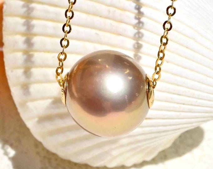 11.5mm Floating Freshwater Pearl Necklace: Metallic Soft Blush Champagne, Solid 18k Gold Pin-End Chain, Dainty, AAA