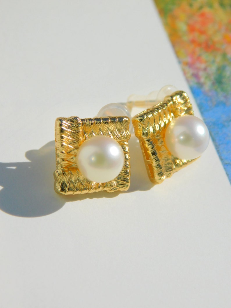 Vermeil Japanese Akoya Pearl Earrings Rhombus Earrings Saltwter Pearls AAA 7.2mm Beige Japanese Saltwater Pearls Modern Design image 6