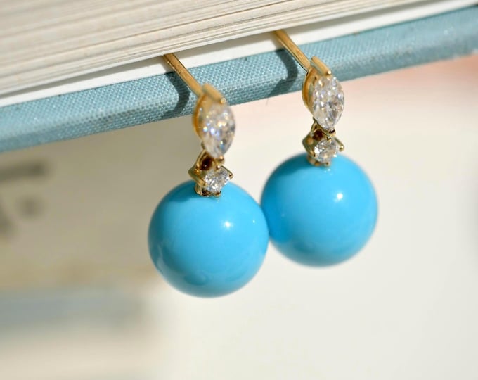 Sky Blue Turquoise Drop Earrings: Solid 18K Gold, Moissanite, 9.3mm, AAA, Hubei Turquoise, Authentic Blue