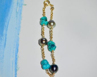 Tahitian Pearl Tin Cup Bracelet: Gold Filled Rolo Chain, Turquoise Accent, Blue, Green, Gemstone