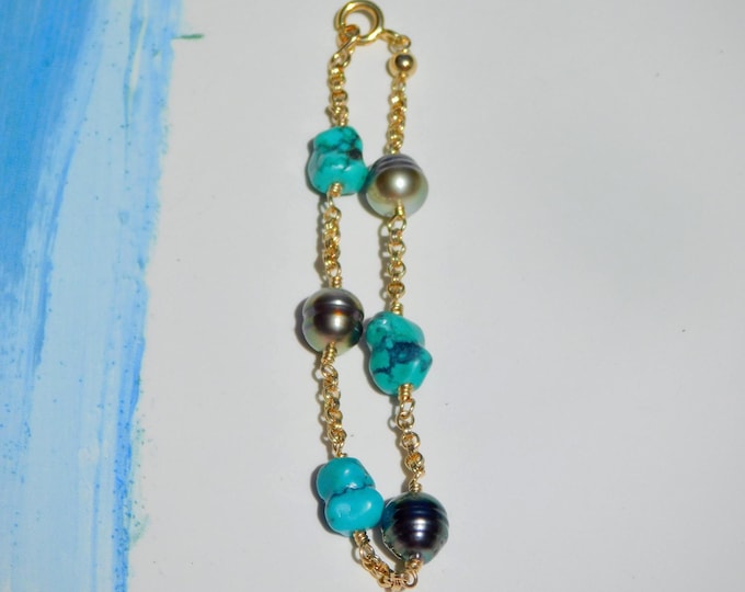 Tahitian Pearl Tin Cup Bracelet: Gold Filled Rolo Chain, Turquoise Accent, Blue, Green, Gemstone