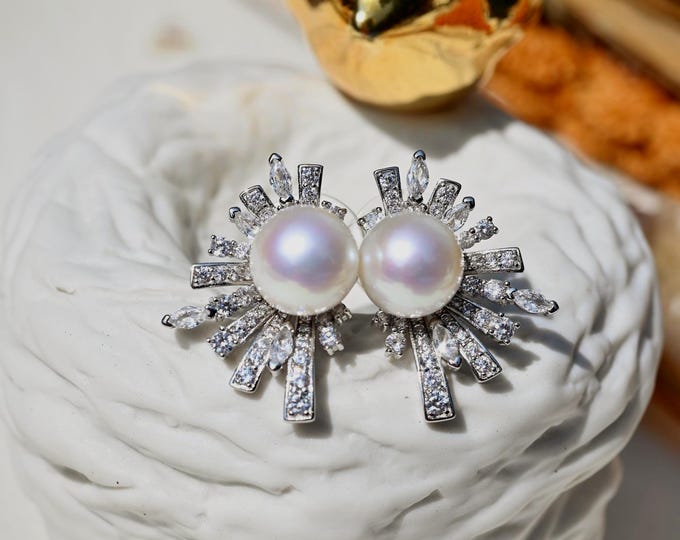Freshwater Pearl Cluster Earrings: White Gold Plated Sterling Silver, Firework Design