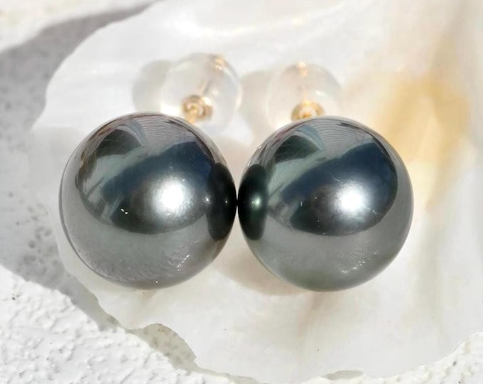 10.4mm Tahitian Pearl Studs: Solid 18K Gold, Dark Charcoal Peacock, Aubergine, AAA