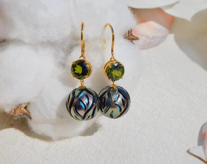 Green Peridot Carved Tahitian Pearl Earrings | Blue | Green | Nucleated with Turquoise | Tahitian and Gemstone | Solid 14kt Gold | 12.4mm