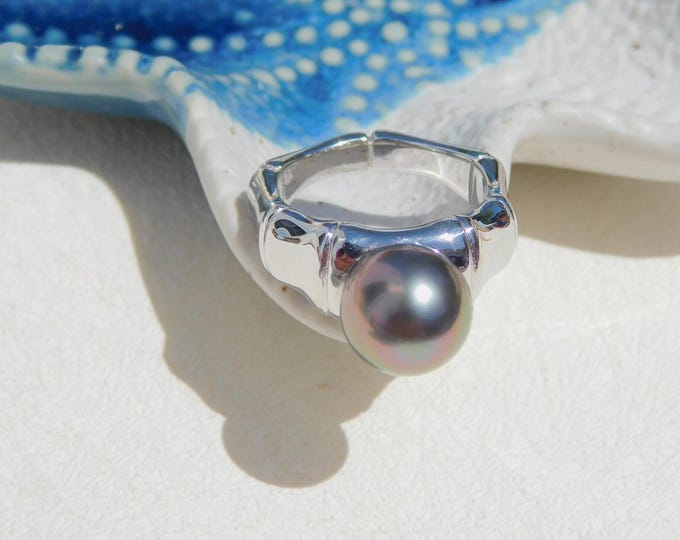 AAA 10.9mm Tahitian Pearl Sterling Silver Ring | Medium Peacock Green | Round | Unisex | Size 7.75 US | South Sea Pearl Ring | Green