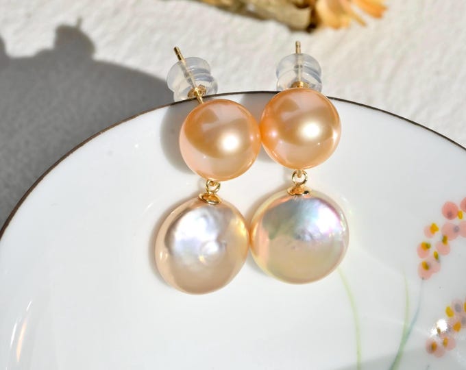 Coral Gold Double Pearl Earrings: Freshwater, AAA, Solid 18K Gold, 10.5mm and 13mm