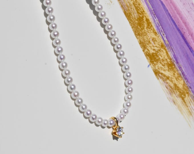 Freshwater Pearl Necklace With Moissanite Enhancer Pendant: Solid 18k Gold , AAA+, Adjustable 16.75-18 inches