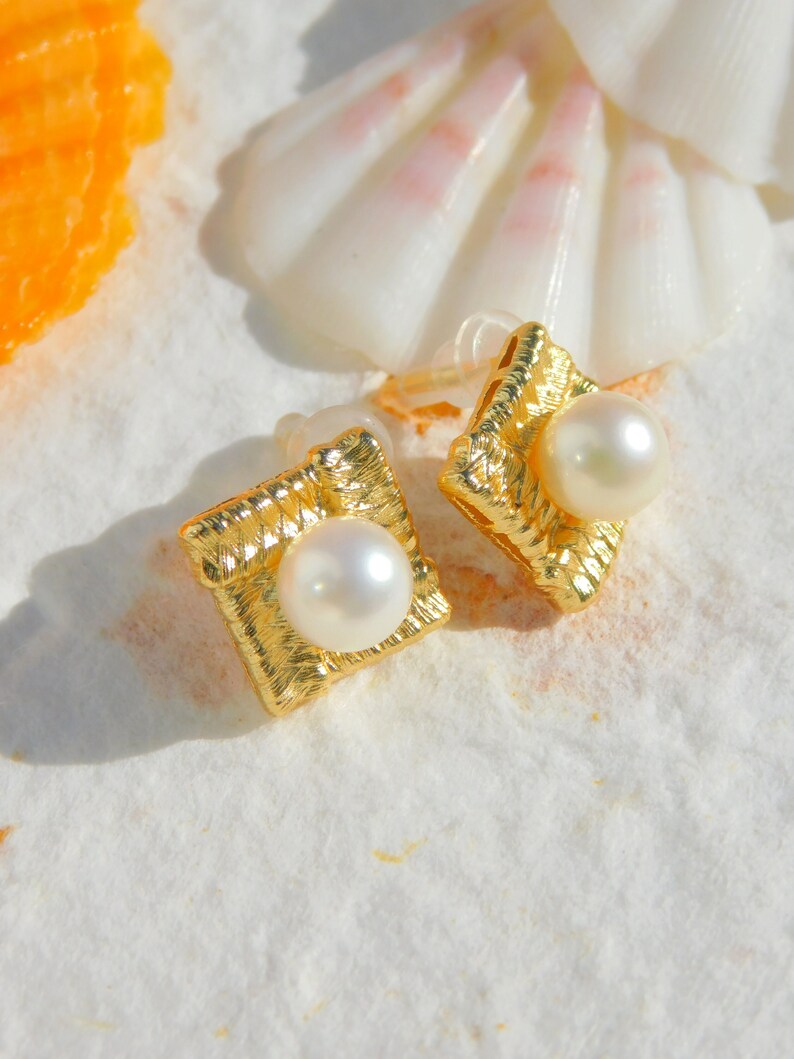 Vermeil Japanese Akoya Pearl Earrings Rhombus Earrings Saltwter Pearls AAA 7.2mm Beige Japanese Saltwater Pearls Modern Design image 1