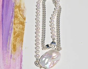 Convertible Half Pearl Half Chain Necklace: Unisex, 18.5 Inch Necklace, Can be separated into two Bracelets