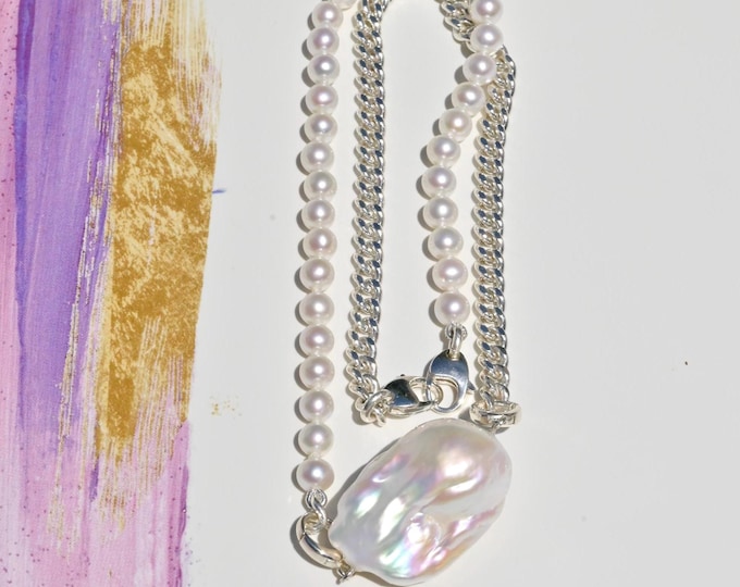 Convertible Half Pearl Half Chain Necklace: Unisex, 18.5 Inch Necklace, Can be separated into two Bracelets