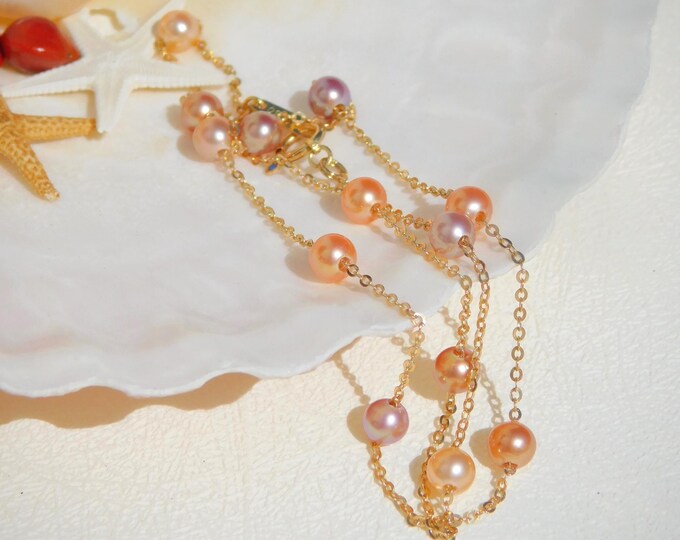 Dainty Freshwater Pearl Tin Cup Necklace | 4.5mm | 16.25'' | Solid 18k Gold Chain | Pink | Mauve | Golden Coral | Pearl | AAA+ | Layering