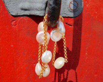 Tin Cup Pearl Necklace | Freshwater Coin Pearls | White | Adjustable 16.5'' & 17.5'' | Gold filled Chain | Stacking | Layering | Rolo Chain