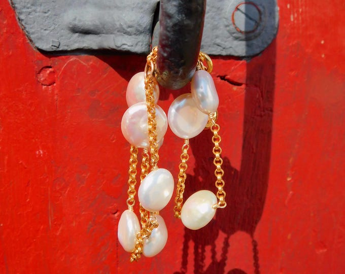 Tin Cup Pearl Necklace | Freshwater Coin Pearls | White | Adjustable 16.5'' & 17.5'' | Gold filled Chain | Stacking | Layering | Rolo Chain