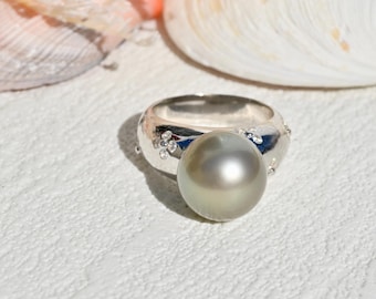 12.2mm Tahitian Pearl Ring: Sterling Silver, Pastel Gray Green, AAA, Floral Wide Brand
