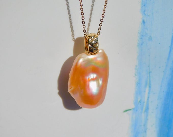 Ultimate Luster | Baroque Pearl Pendant | Golden Coral Rainbow | AAA+ | Metallic | Solid 18K Gold Bail | Freshwater Pearl | Fireball Pearl
