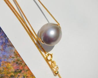 13.1mm Floating Tahitian Pearl Necklace | AAA | Light Brown Gray | Single Pearl | Adjustable Solid 18K Gold Chain | Dainty Gold Chain