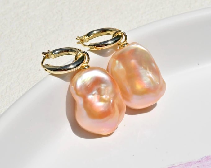 Vermeil Baroque Freshwater Pearl Hoop Earrings: AAA+, Coral Golden, Removable Pearl Jackets