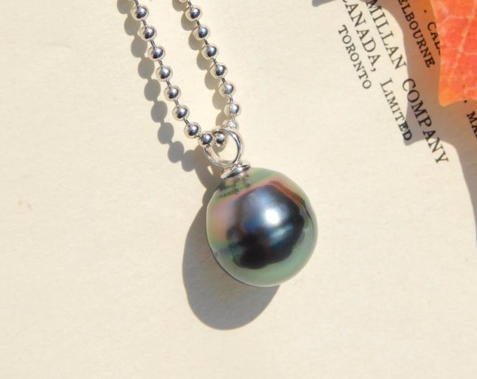 13.4mm Tahitian Pendant with Silver Beaded Chain: Adjustable Length, Max 22-inch