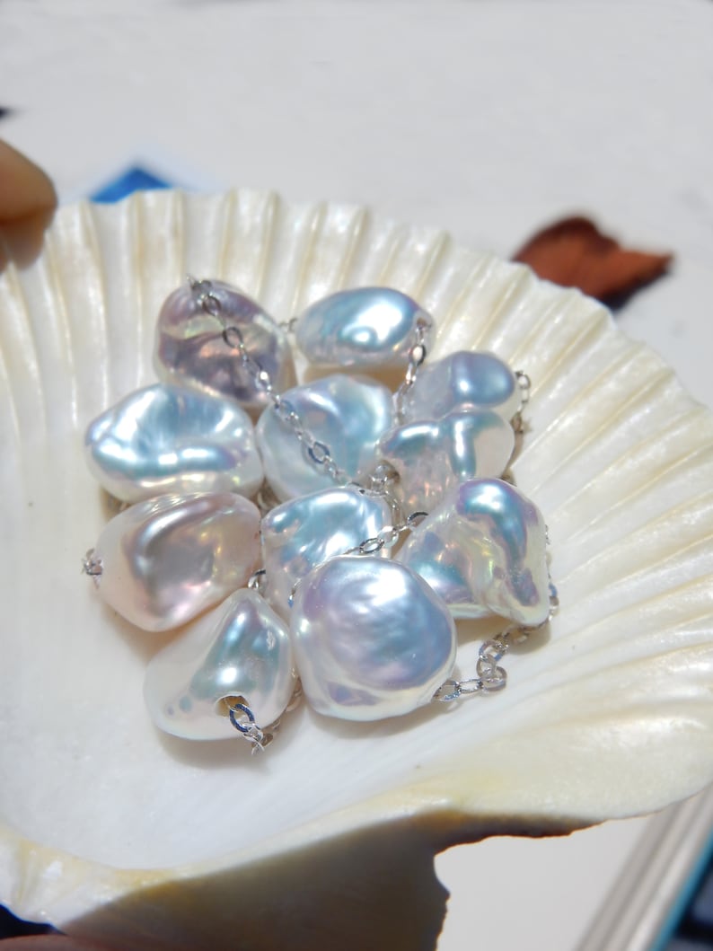 18K White Gold Chain Ready to ship Pearl Nugget Metallic Silvery White Keshi Pearl Satellite Necklace Dainty