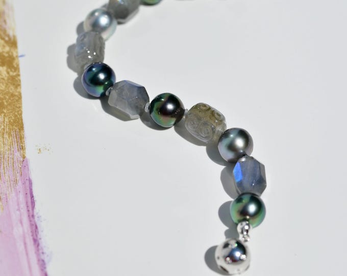 Gray Blue Moonstone & Tahitian Pearl Bracelet: 10-11mm, For 6.5 Inch Wrist Size, Gemstone and Pearl