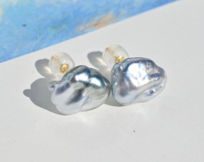Tahitian Keshi Pearl Studs: Solid 18K Gold, 9mm*11.5mm, Silver Gray, AAA