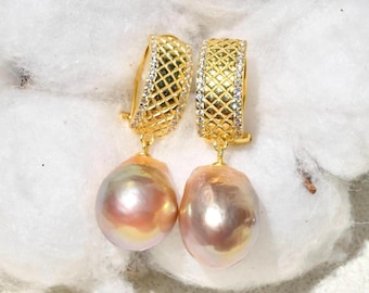 Vermeil Latch Back Kasumi-like Pearl Earrings: Large 13mm, AAA, Metallic Pearls, Sterling Silver