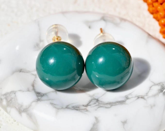 10.3mm Natural Turquoise Studs: Undyed Forest Green, Solid 18K Gold, AAA+, Authentic Hubei Turquoise, 10.3mm