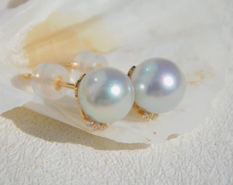 7.6mm Pastel Blue Akoya Pearl Studs | Little Crown | Solid 18K Gold Studs | Japanese Saltwater Pearl Studs | Gold and CZ | AAA | Blue Pearls