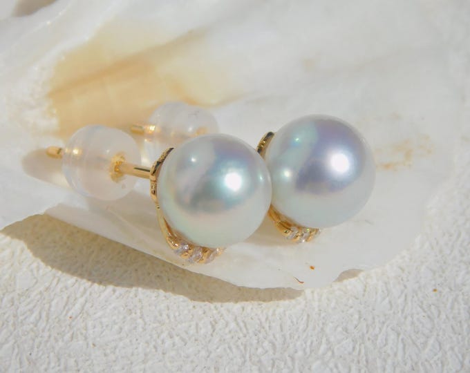 7.6mm Pastel Blue Akoya Pearl Studs | Little Crown | Solid 18K Gold Studs | Japanese Saltwater Pearl Studs | Gold and CZ | AAA | Blue Pearls