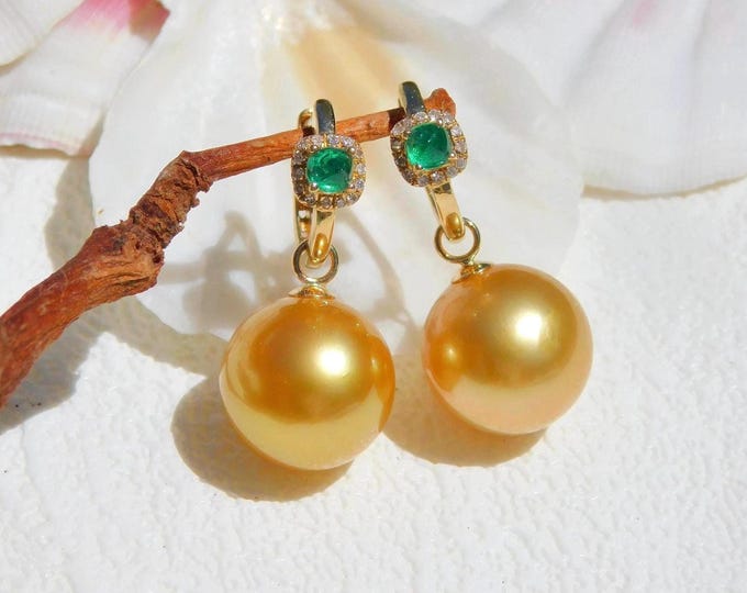 Golden South Sea Pearl Emerald Diamond Hoop Earrings | AAA | Round | Solid 18k Gold | Golden Pearls | Zambian Emerald | Natural Diamonds