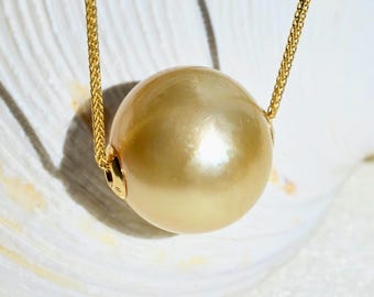 13.7mm Floating Golden South Sea Pearl Necklace: Solid 18K Gold Chain, Near Round, Natural Faceted-like Texture