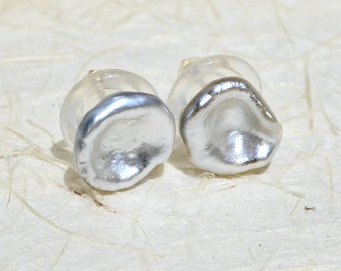 9-10.5mm Light Silver Gray Tahitian Keshi Pearl Studs: Solid 18K Gold, AAA
