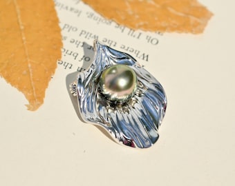 Textured Leaf Brooch/Pendant: Tahitian Pearl Pin, 11mm, Sage Green, AAA