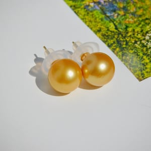 11.5mm Deep Golden South Sea Pearl Studs | AAA | Round | Solid 18K Yellow Gold Studs | Big South Sea Pearl Gold Studs | Large Gold Pearls