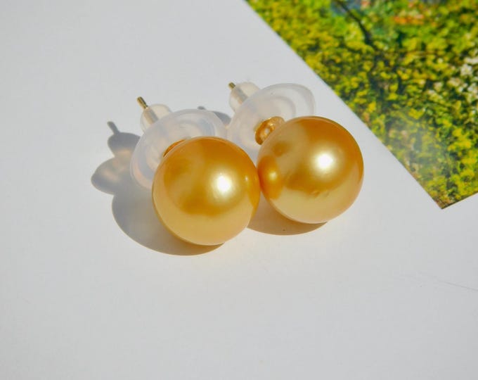 11.5mm Deep Golden South Sea Pearl Studs | AAA | Round | Solid 18K Yellow Gold Studs | Big South Sea Pearl Gold Studs | Large Gold Pearls
