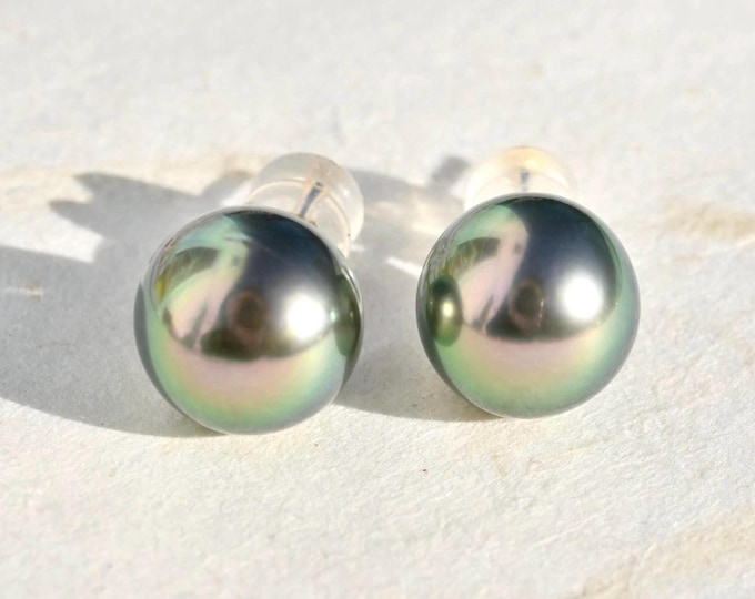 11.2mm Vivid Green Tahitian pearl Studs: Solid 18K Gold, AAA, Large Green Pearls